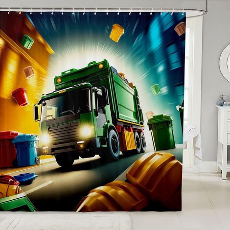 Müllwagen Rideau de douche taille M dessin animé camion poubelle rideau de bain pour enfants adolescents Green Equipment véhicule rideaux de bain imperméables avec 12 crochets pour - 180 x 200 cm (1/5)
