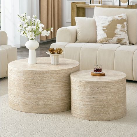 Lot de 2 tables basses rondes 62,8x35 cm en MDF effet bois, rangement pour salon – MEUBLIV (1/5)