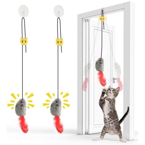 2Pcs Jouet Chat Interactif Souris Suspendue avec Queue à Plumes - Souris Suspendue avec Bruit et Corde Élastique - sans Piles, Idéal pour Jeu Autonome (1/5)