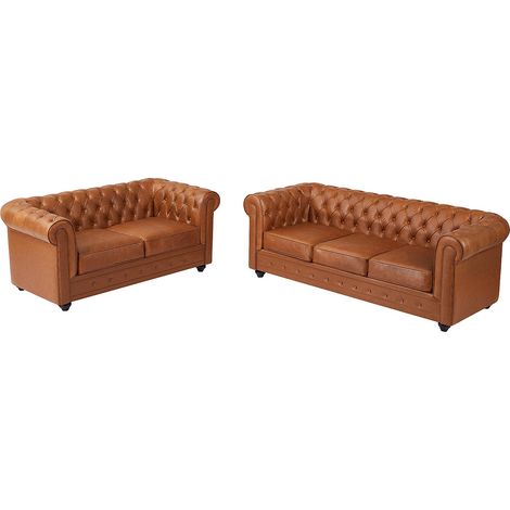 Canapé 3 places et 2 places en cuir de vachette camel CHESTERFIELD