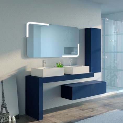 Distribain – Ensemble meuble de salle de bain double vasque 140 cm – 2 vasques carrées en céramique – Colonne de rangement – Bleu saphir (1/5)