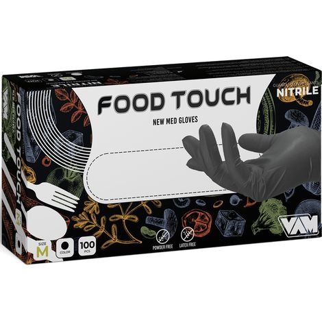 GUANTI MONOUSO IN NITRILE "FOOD TOUCH" 8gr NERI SENZA TALCO BOX 100PZ S-XL MED, "XL" (1/2)