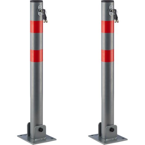 2x Poteaux de parking, barrière de parking rabattable voiture 65 cm de hauteur en acier, gris & rayures rouge rond