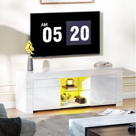 Mueble TV con LED, 2 puertas, estante de cristal y pasacables, blanco DESVIAE (1/5)