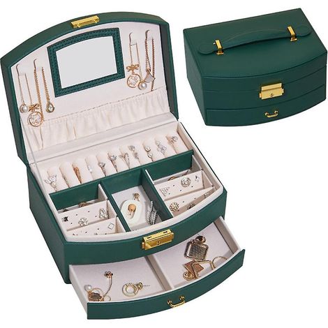 Boîte à bijoux verte à plusieurs niveaux avec serrure, boîte de rangement pour bijoux, boîte à bijoux pour enfants, boîte de rangement de type tiroir pour boucles d'oreilles de princesse (1/5)