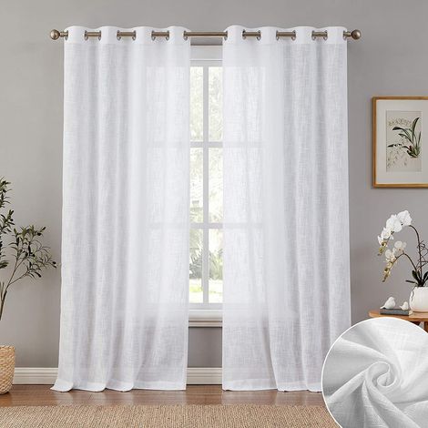 Rideaux translucides en lin blanc texturé, rideaux en lin antique pour salon et chambre, 52 x 84 pouces (2 pièces)
