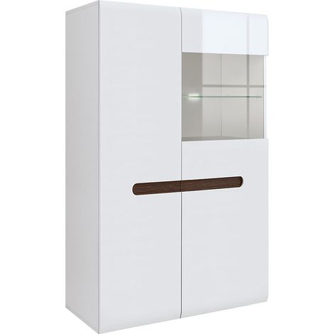 Petits-Meubles – Vaisselier bas 2 portes avec LED – Finition blanc laqué et bois Wengé – Dimensions 90x41x145cm – Vitrine en verre trempé
