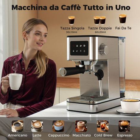 Machine à café expresso argentée en acier inoxydable 20 bars avec écran tactile et mousseur à lait 360 pour cuisine et bureau (1/5)