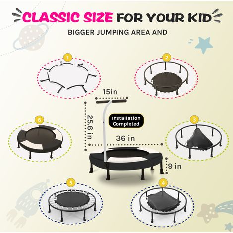 Trampolín infantil de 91 cm negro con barra de sujeción, 7 patas, estructura de acero OKMYHOME (1/5)