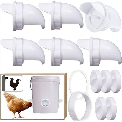 6 Pcs Mangeoire Poules Automatique, Avec 6 Ports Et Scie Cloche, éTanche à la Pluie, Mangeoire à Poulet sans DéChetsConvient aux seaux, seaux, boîtes, auges, mangeoires à poulets zéro déchet (1/5)