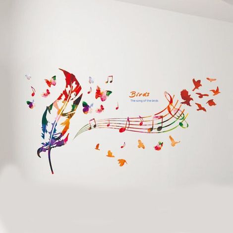 GROOFOO Autocollant mural coloré de notes de musique avec des plumes colorées, des oiseaux et des papillons décoratifs détachables en vinyle pour le salon, la chambre à coucher, le mur de la télévisio (1/5)