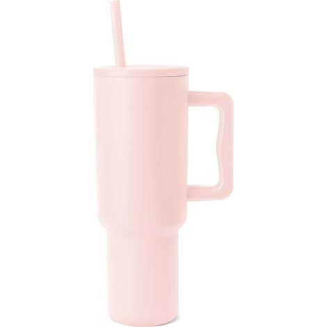 Thermobecher aus Edelstahl, 1200 ml, doppelwandig, mit Deckel und wiederverwendbarem Strohhalm, auslaufsicher, ideal für Wasser, Tee, Kaffee oder Smoothies, fürs Auto, mit Autohalterung, Pfirsichrosa (1/5)