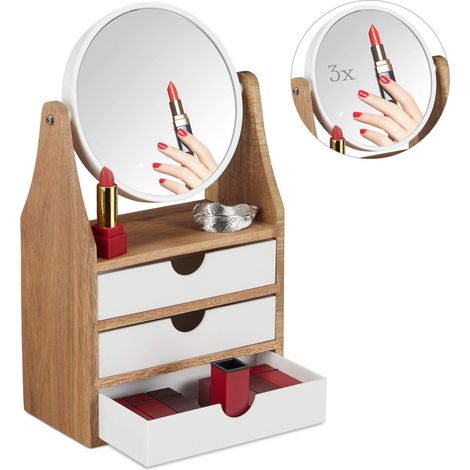 Organiseur Élèvement de Maquillage, 3 tiroir, pour Coiffeuse, Miroir grossissant, 34x19x10,5 cm, Naturel/Blanc (1/5)