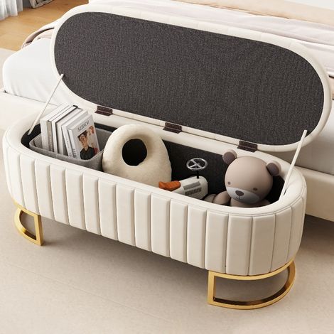 Sitzbank mit Stauraum Samt Beige 120x40 cm - Gepolsterte Polsterbank und Sofabank mit Metallbeinen, elegante Sitztruhe für Schlafzimmer und Flur (1/5)