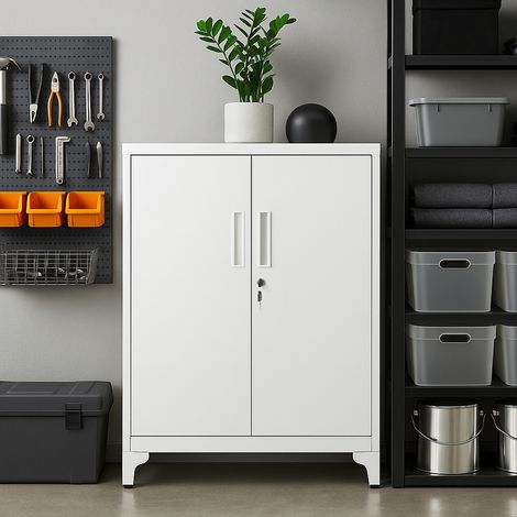 Armoire de Bureau à 2 Portes, Verrouillable, en Acier, pour Bureau, Salon, Blanc (1/5)