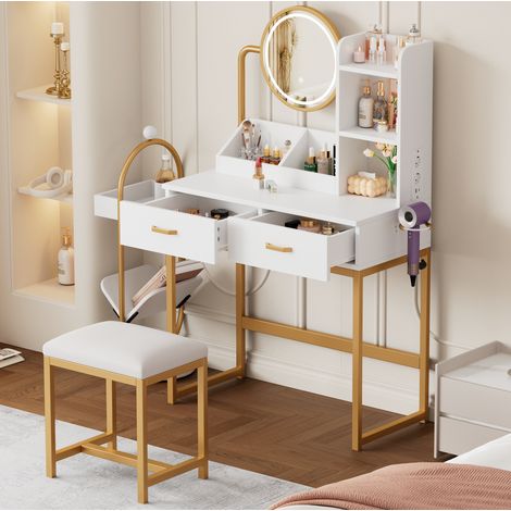 Frisiertisch mit LED-Spiegel, USB-Anschlüssen, 2 Schubladen und Hocker, weiß/gold HAVRYA (1/5)