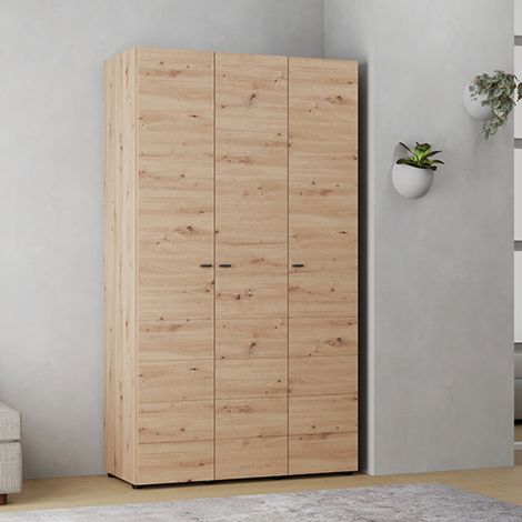 Armario 3 Puertas Ronco, Ropero Dormitorio Perchero, 4 Estantes, 3 Puertas, 117x52 cm Marrón Roble Nodo (1/5)