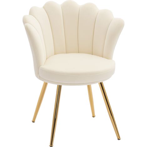 Poltrona a forma di conchiglia, sedia da toeletta, poltrona in velluto, poltrona relax con gambe in metallo color oro beige.