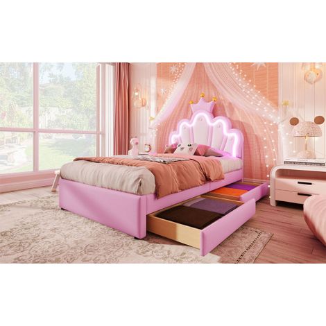 Lit rembourré 90 x 200 cm (matelas non inclus) avec éclairage d'ambiance télécommandé et 2 tiroirs  design en forme de couronne, hauteur de tête de lit réglable, revêtement en PU, couleur rose. (1/5)