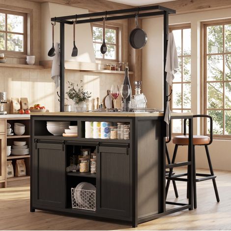 Mueble de cocina (107x62x183 cm), con encimera, enchufes integrados, estantes abiertos, MDF y metal, negro (1/5)