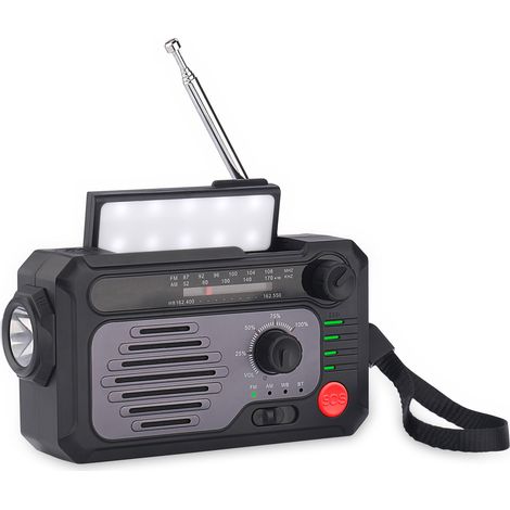 Radio d'urgence à manivelle, alimentée à l'énergie solaire, AM/FM, fréquences entre 87 MHz et kHz, WB, fonctionne également sur piles. (1/5)