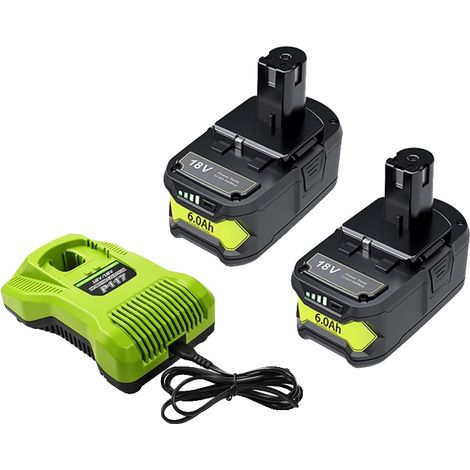 Batería de repuesto, batería de litio de 6,0 Ah, 18 V, larga duración y carga rápida, protección contra sobrecarga, compatible con herramientas inalámbricas Ryobi, 2 baterías de 6 Ah, 1 cargador (1/2)