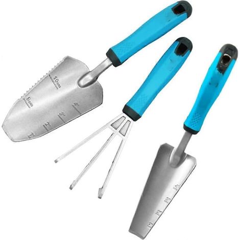 Tuingereedschapset van aluminiumlegering, driedelige set, bestaande uit een grondbewerkingsschep, een planttroffel, een schop en een plantenschep. (1/4)