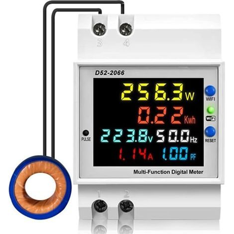 WiFi Compteur d'Énergie Monophasé, 6 en 1 Compteur Electrique Wattmetre Wifi LCD Voltmètre Ampèremètre Numérique pour Rail DIN Compteur KWh AC40-300V 100A(CT externe) (1/5)