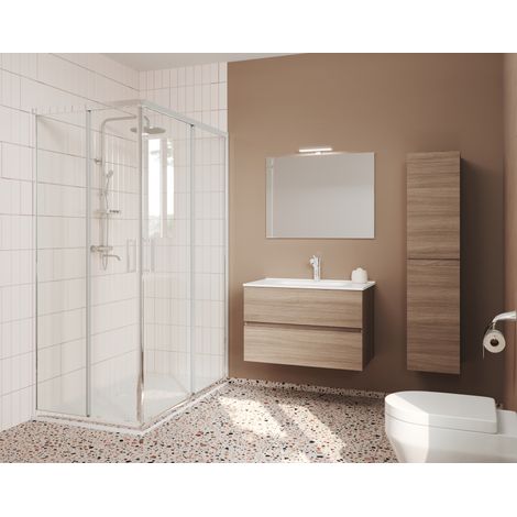 Mueble de baño suspendido de 80 cm en madera de roble ahumado con lavabo y espejo - Empoli - Con columna espejo y lámpara LED (1/5)