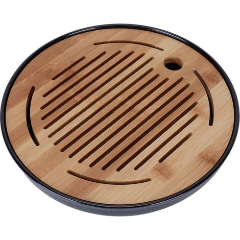 Plateau à thé rond en bambou, dessous de théière, plateau de service, égouttage, réserve d'eau, service à thé, 25 cm (10 pouces) (1/5)