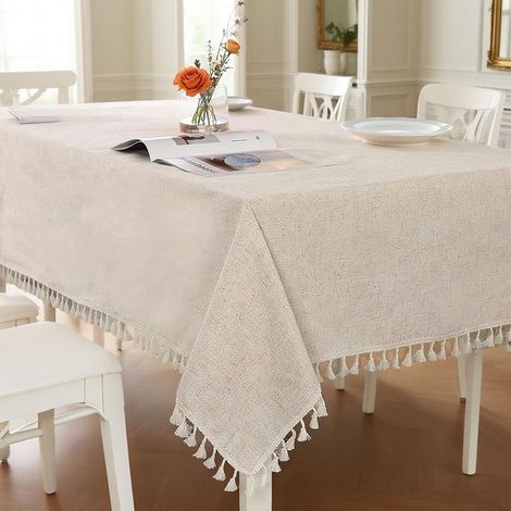 Mantel rectangular antimanchas de lino y algodón beige, lavable con flecos, para mesa de cocina y comedor, 140 x 200 cm.