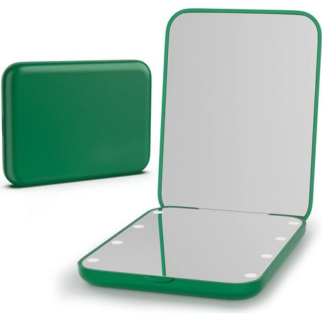 Miroir de poche, grossissement x1/3x, LED, miroir de maquillage compact avec lumière pour sac à main, 2 côtés, portable, pliable, petit miroir éclairé, vert (1/5)
