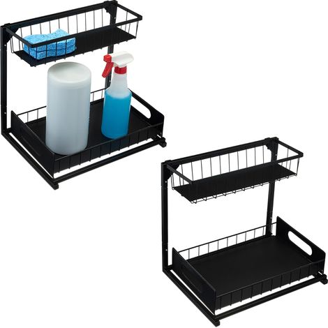 Lot de 2 - Organisateur de Rangement - Étagère Coulissante - Design en L pour Placard sous Évier - Acier Carbone Noir - 36x35x27cm