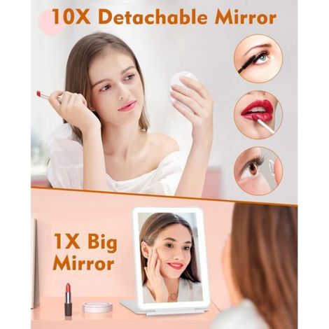 Miroir De Maquillage - LED Tricolore - Lentille Grossissante X10 - Portable Rechargeable - Blanc (1/5)