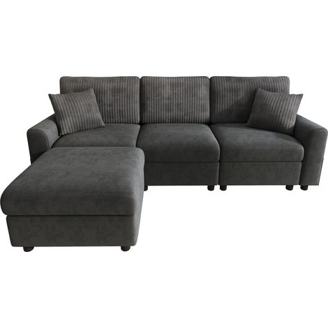 Canapé moderne noir avec 1 pouf, 2 coussins et ports USB & Type-C, 223x84x146 cm (1/5)