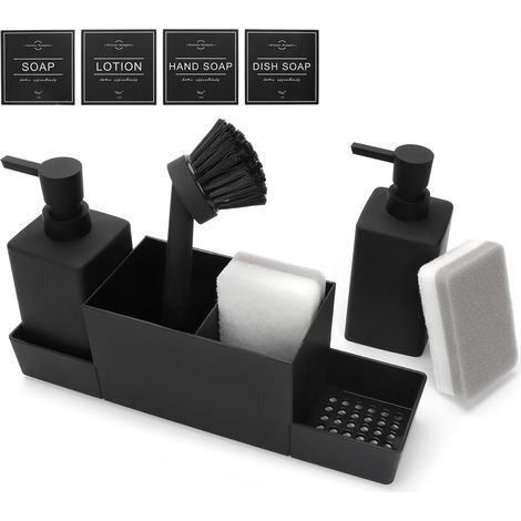 Spülmittelspender Küche, Seifen und Spülmittelspender Set, Spüli und Seifenspender Küche Set mit Schwammhalter Bürste, Spülbecken Organizer schwarz