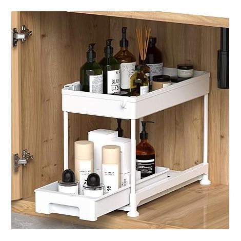 Ronlap Rangement sous Évier Cuisine à 2 Niveaux avec Tiroir Coulissante, étagère de rangement multifonction avec crochets pour cuisine, salle de bain, buanderie, blanc (1/5)