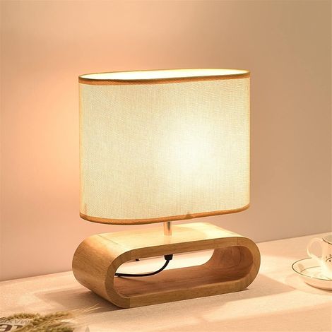 Lampe de Table en Bois Massif avec Abat-Jour Tissu, Veilleuse Décorative Style Naturel pour Chambre Salon Bureau Ambiance Chaleureuse (1/3)