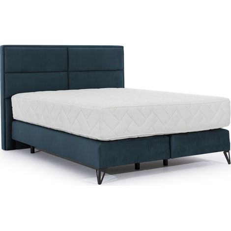Lit continental tissu bleu Tiempo avec matelas 30cm en latex et pied métal noir-160x200 (1/5)