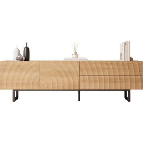 Pour TV et appareils multimédias, meuble TV pour salon avec effet bois ondulé, style scandinave et sans poignées (1/5)
