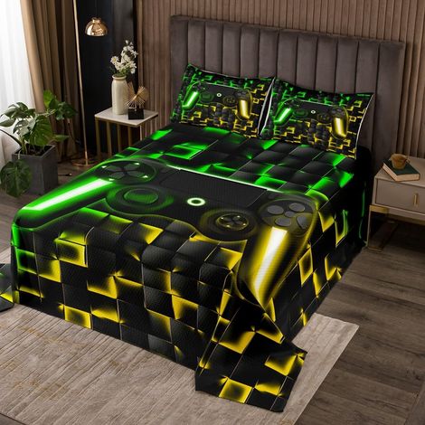 Jeux 240x220 Couvre-Lit Enfants Garçons Jeux Dessus de Lit 3D Néon Ombre Géométrique Tartan Poignée de Jeu Couverture de Lit Jeu Léger Literie Set pour Toutes Saisons,Or Vert - 240x220cm (1/5)