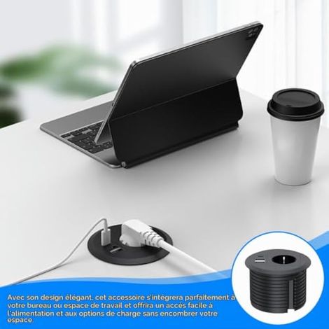Prise encastrable avec USB, prise de table avec USB C PD20W, multiprise encastrable, avec 2 ports USB et cable d'alimentation de 1,7 m, prise de bureau pour trou de table de 80 mm, noir (1/3)