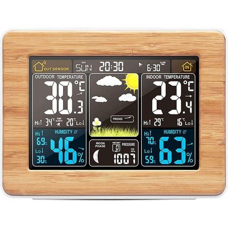 Drahtlose Wetterstation, digitale Wettervorhersage, Innen-/Außenthermometer, Temperatur- und Luftfeuchtigkeitswecker, 3-stufige Hintergrundbeleuchtung (gelb) – Fei Yu