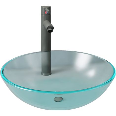Lavabo vasque à poser Luxueux, Bac à laver, avec robinet et drain à poussoir Verre trempé OIB8252E (1/5)