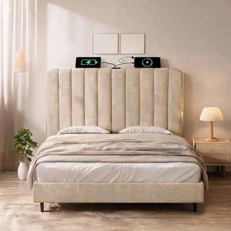 Cadre de lit beige en lin 215 x 98 x 101 cm (1/5)