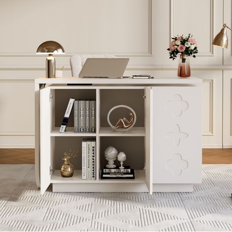 Bureau d'angle pivotant 170x38,5x75 cm en MDF blanc, gain de place pour bureau FloraGrace (1/5)