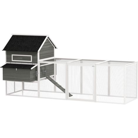 PawHut gallinero de madera grande exterior, caseta para gallinas con 2 nidos, corral, techo asfáltico, bandeja extraíble, 347x160x150 cm, gris oscuro
