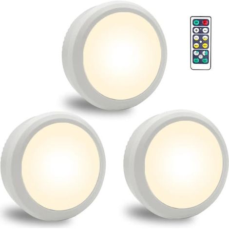 Trois spots LED blancs sans fil, à piles, avec télécommande, pour l'éclairage de meubles et d'étagères, design tactile. (1/4)