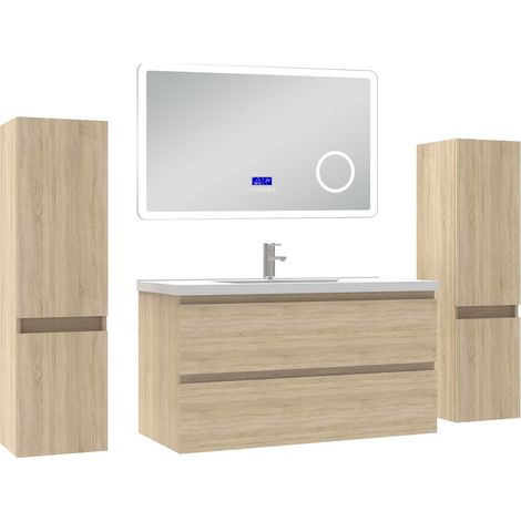 Acezanble ensemble meuble 100 cm Chêne Wotan avec 2 tiroirs à fermeture automatique, lavabo céramique + miroir salle de bain Bluetooth tricolore + 2 colonnes, suspendu