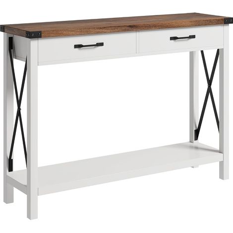 Table console étroite style campagne en bois blanc plateau marron contrasté, 2 tiroirs + étagère ouverte, meuble d’entrée salon couloir (1/5)